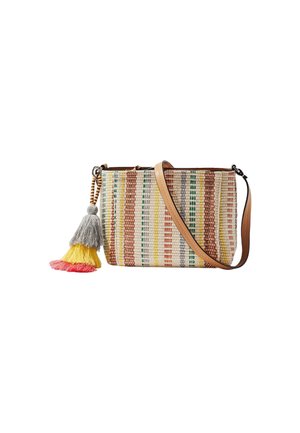 Sac bandoulière tissé avec un motif rayé multicolore, doté d'une bandoulière en cuir et d'un pompon en gris, jaune et rose.