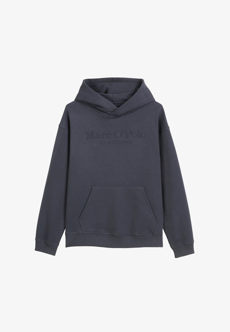Dark navy hoodie with a front kangaroo pocket, ribbed cuffs, and hem. Features embossed "Marc O'Polo EST. IN STOCKHOLM" logo on chest.