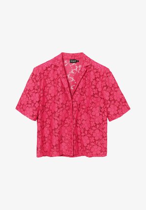 Roze kanten shirt met korte mouwen, voorzien van bloemenpatronen, een notch lapel en een knopenfront ontwerp. Lichtgewicht, gestructureerd materiaal.
