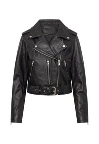 Schwarze Leder-Bikerjacke mit asymmetrischem Reißverschluss, drei Reißverschlusstaschen, Druckknopfkragen, Schulterklappen und tailliertem Gürtel.