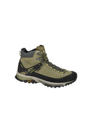 Outdoor hiking boot in olive green and black with high ankle support, rugged sole, and metal eyelets for secure lacing.