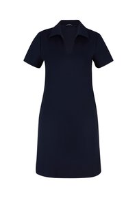 Marineblauwe polokleed met korte mouwen, kraag en een V-vormige halslijn. Gemaakt van een zachte stof en heeft een getailleerde pasvorm.
