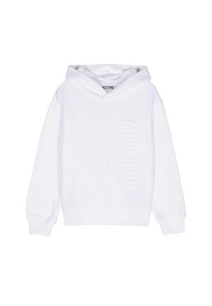 Felpa bianca con maniche lunghe e cappuccio, caratterizzata da testo verticale in rilievo "MOSCHINO" sul lato destro anteriore.