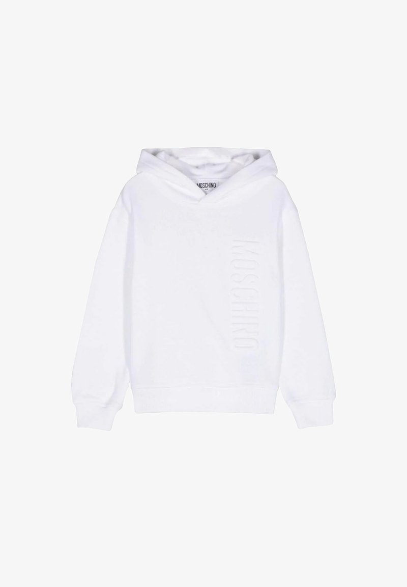 Felpa bianca con maniche lunghe e cappuccio, caratterizzata da testo verticale in rilievo "MOSCHINO" sul lato destro anteriore.