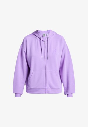 Paarse zip-up hoodie gemaakt van zacht materiaal, met een voorvak, trekkoord aan de capuchon en een geborduurd logo op het linkerborstgedeelte.