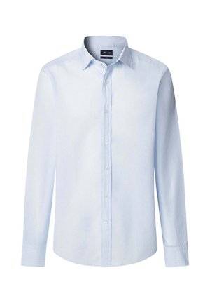 Lichtblauw button-up shirt met lange mouwen, gemaakt van een zachte stof, met een subtiel gestreept patroon en een standaard kraagontwerp.