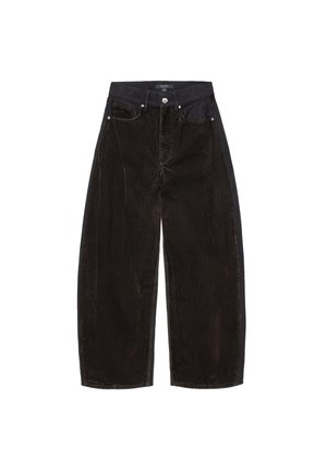 Pantalons en velours côtelé noirs à jambe large avec taille haute, dotés de poches avant, d'une fermeture à bouton et d'une finition en tissu texturé.