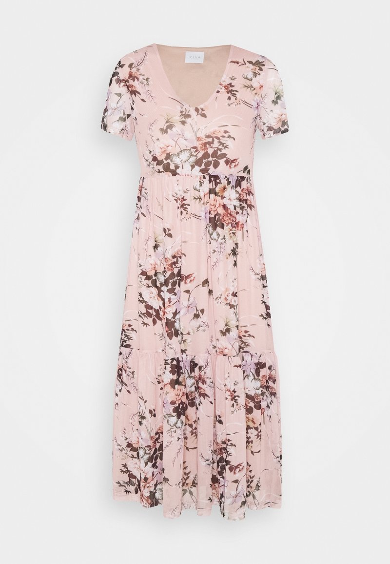 Robe midi rose clair à manches courtes, col en V, imprimé floral dans des tons marron, blanc et violet.