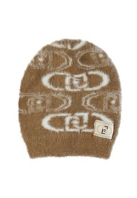 Cappello beanie marrone realizzato in un morbido tessuto testurizzato con un motivo di logo bianco. Include un piccolo etichetta con i dettagli del marchio.