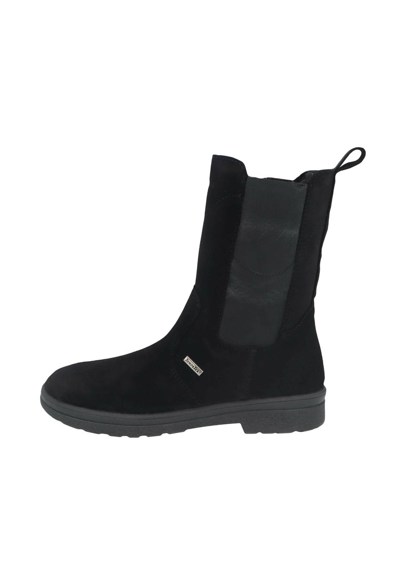 Schwarze Knöchelstiefel aus Wildleder und synthetischem Material. Verfügt über elastische Seitenpaneele, eine strukturierte Sohle und eine Zuglasche für ein einfaches Anziehen.