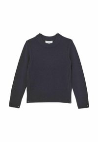 Maglione a maglia blu navy con orlo e polsini a costine. Presenta cuciture decorative e accenti metallici sulle cuciture delle spalle. Collo rotondo.