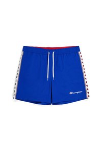 Pantaloni da bagno blu con coulisse bianca, vita elastica, logo laterale e accenti decorativi in rosso e bianco lungo i lati.