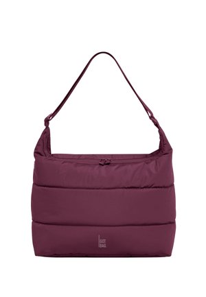 Maroon padded shoulder bag with horizontal quilting, adjustable strap, zipper closure, and "GOT BAG." logo on front center.