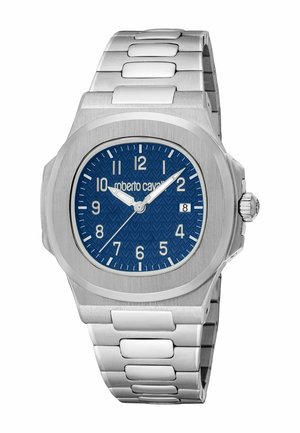 Orologio da polso in metallo argento con quadrante blu testurizzato, numeri bianchi, datario alle 3 e lancette delle ore, minuti e secondi in argento.