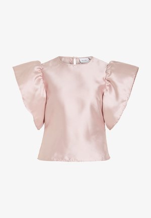 Pale pink satin blouse with wide, ruffled short sleeves and a round neckline with a small back button closure.