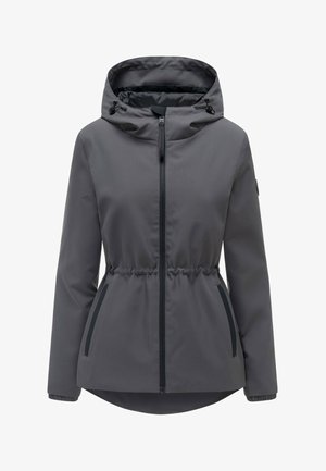 Grå hættetrøje til kvinder med lynlås foran, elastisk talje, sidelommer og justerbare snore i hætten.