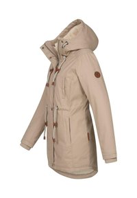 Beige parka jas met een met bont gevoerde capuchon, twee voortassen, een trekkoord in de taille en leren accenten op de toggles en het embleem.