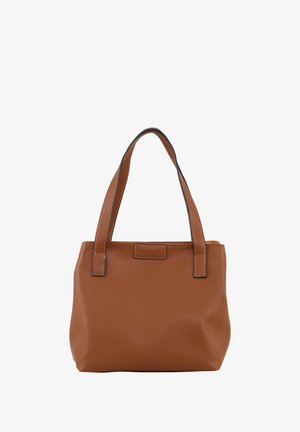 Bruine leren tote bag met twee stevige handvatten, voorzien van een textuur en contrasterende zwarte stiksel. Eenvoudige rechthoekige vorm.