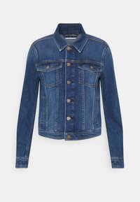 Jeansjacka i mörkblå med en klassisk passform, med dubbla bröstfickor, kopparfärgade knappar och svaga sömnadsdetaljer.