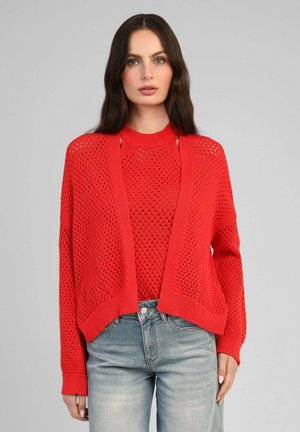 Femme aux longs cheveux foncés portant un pull en maille rouge ajourée et un haut assorti, associé à un jean bleu clair, debout devant un fond uni.