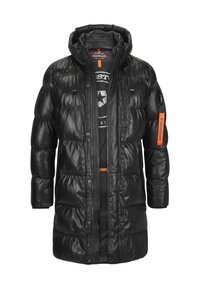 Schwarze Pufferjacke mit Kapuze, mit einem Reißverschluss, elastischen Bündchen und einem markanten orangen Akzent am Ärmel.