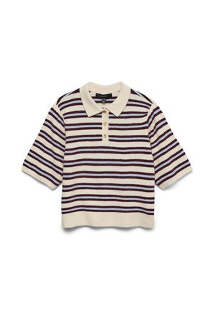 Crèmekleurig polohemd met korte mouwen, gebreid, met horizontale bruine en lichtblauwe strepen en drie knopen op de voorkant.