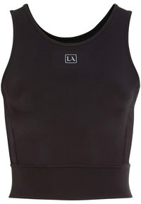 Schwarzes sportliches Crop-Top aus dehnbarem Material. Verfügt über einen runden Ausschnitt und flache Nähte. Ein kleines Logo ist centrisch auf der Brust platziert.