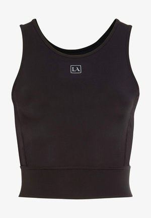 Black athletic crop top made of stretchy material. Features a round neckline and flat seams. A small logo is centered on the chest.