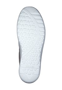 White rubber shoe sole with a textured pattern of triangles and trapezoids. Features a curved design and marked areas for grip.