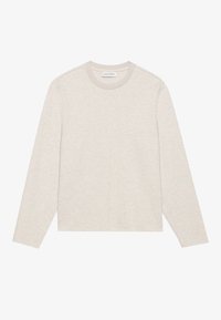 Haut à manches longues de couleur beige clair avec un col rond et un ourlet droit. Texture douce et lisse avec des coutures discrètes, sans motifs ni accents supplémentaires.