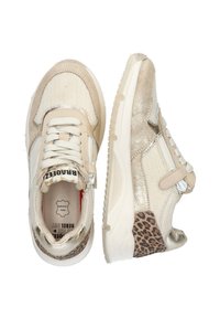 Beige Sneaker mit Mesh- und Lederelementen. Metallisch goldene Akzente und Leopardenmuster an der Ferse. Schnürdesign mit gepolsterter Zunge und Innensohle.