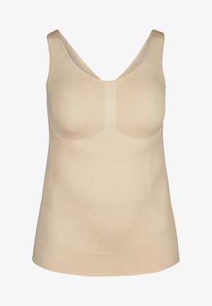 Débardeur beige avec un col en V, fabriqué en tissu lisse et extensible. Présente une texture côtelée avec des coutures pour sculpter et des bretelles larges.
