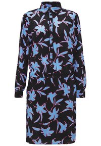 Abito nero a maniche lunghe con vivaci motivi floreali blu e rosa, dotato di un collo a camicia e una chiusura frontale con bottoni.