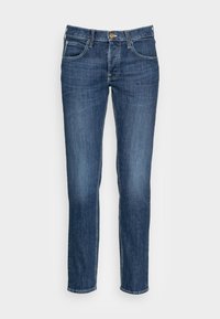 Indigo denim jeans with a straight-leg cut, five pockets, gold hardware, and contrasting stitching along the seams.