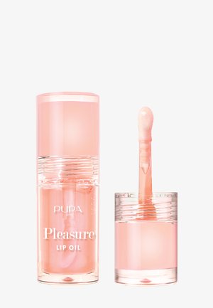 Pupa Pleasure Lip Oil in een doorzichtige, cilindrische verpakking met een roze ombré-effect. Inclusief een zacht applicatorstaafje.