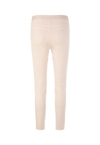 Light beige skinny jeans with a textured elastic waistband, two back pockets, and a sleek, smooth fabric finish.