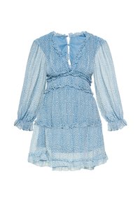 Rochie cu imprimeu floral albastru, cu mâneci lungi, guler și tiv volănașe, straturi suprapuse și un detaliu cu decupaj la spate. Material ușor.