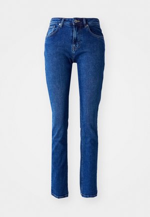 Blue denim jeans with a slim fit, high waist, straight legs, and stitched detailing. Features a button and zipper closure. No additional embellishments.