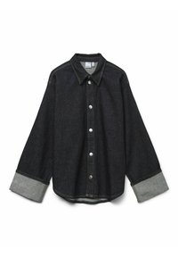 Mörk denimskjorta med spetsig krage, långa ärmar med grå manschetter, silverknappar och rundad nederkant. Hållbar, texturerad tyg.