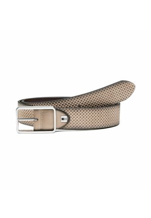 Beige leather belt featuring a geometric perforated pattern, smooth texture, and a silver metal buckle with a square shape.