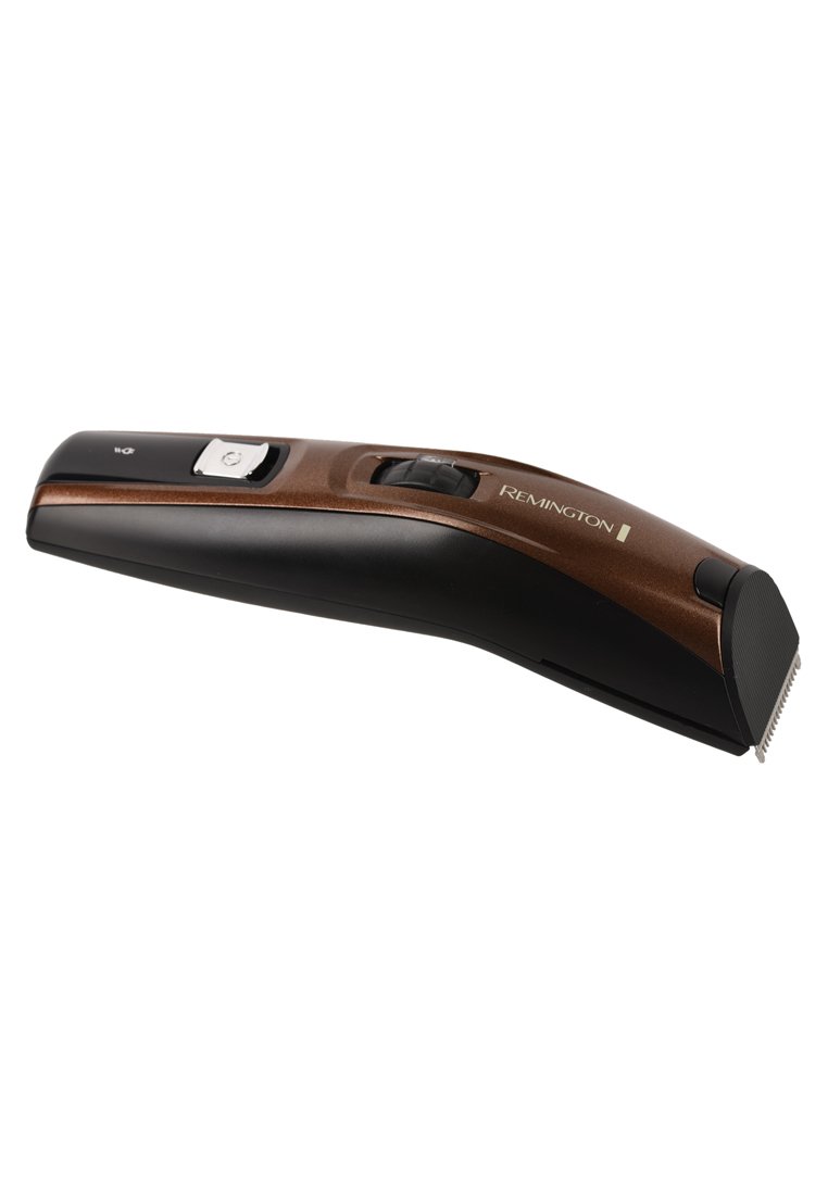 Cortapelos Remington con un diseño elegante y curvado, que presenta un cuerpo de plástico negro y bronce, ajustes de longitud variables y una cuchilla de acero inoxidable.