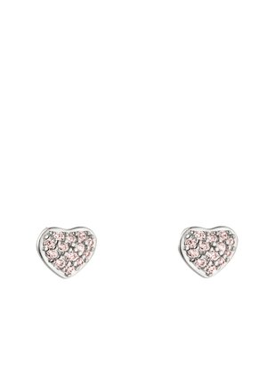 Pair of silver heart-shaped earrings studded with small pink gemstones, displayed on a white background.
