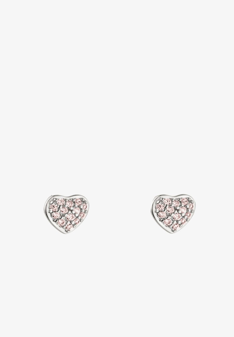 Paire de boucles d'oreilles en forme de cœur en argent incrustées de petits pierres précieuses roses, présentées sur un fond blanc.