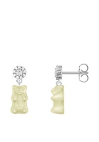 Ohrringe in Form von Gummibärchen aus transparentem gelbem Harz mit einem silbernen Stecker und funkelndem rundem Akzent.