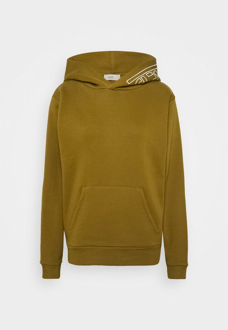 Sweat à capuche vert olive avec poche kangourou et détail graphique blanc sur le bord de la capuche, présenté sur un fond uni.