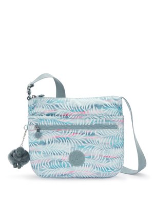 Light blue crossbody bag with palm leaf pattern, zippered front pocket, gray strap, and a furry keychain accent. Durable, smooth material.