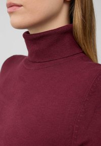Burgunderfarbener Rollkragenpullover aus weichem Strickmaterial. Verfügt über einen gerippten Kragen und eine glatte Textur mit einer taillierten Passform.