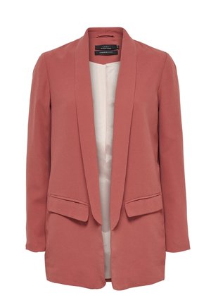 Blazer à manches longues, ouverture devant, couleur vieux rose, avec deux poches avant à rabat et une doublure intérieure lisse beige clair.