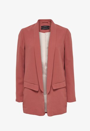 Blazer manica lunga, aperto sul davanti colore rosa polvere, con due tasche con patta frontali e una fodera interna liscia beige chiaro.