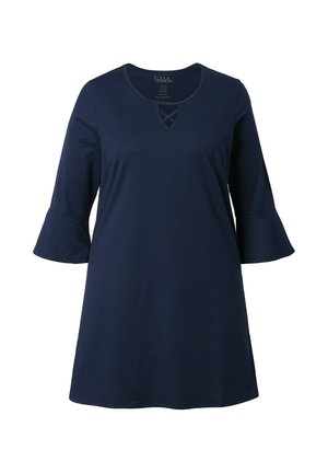 Túnica de algodón azul marino con mangas campana tres cuartos, que presenta un escote redondeado y un detalle decorativo recortado en el pecho.